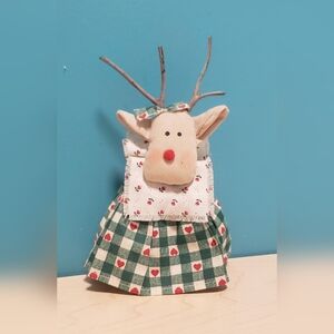 Handmade Vintage Stuffed Girl Red Nose Reindeer W/Gingham Dress Twig Antlers 80s